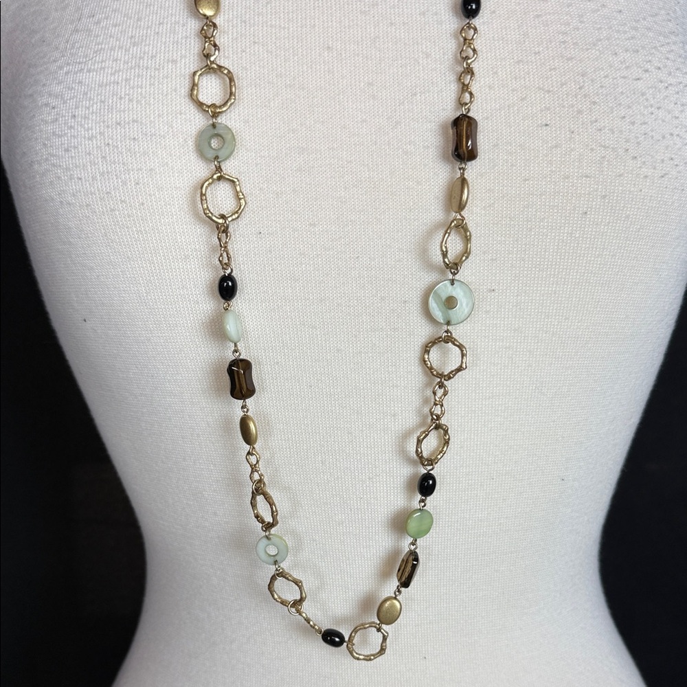 Lia Sophia Brushed Gold with sea foam Green and brown beaded necklace